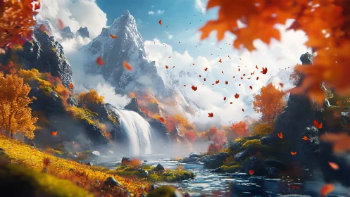 Crimson autumn leaves dance around a bright mountain waterfall