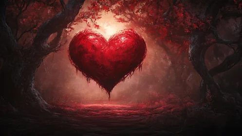 Luminous Heart Suspended in Darkened Forest Ravine