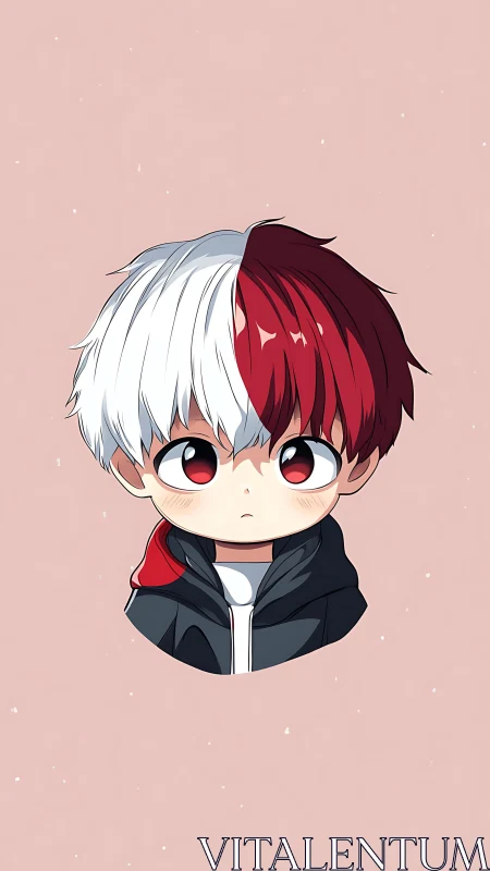 Chibi anime boy with split red and white hair on pink background.