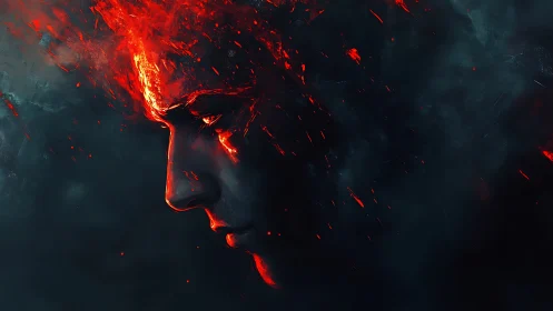 Fiery profile dissolving into embers and shadowed smoke.