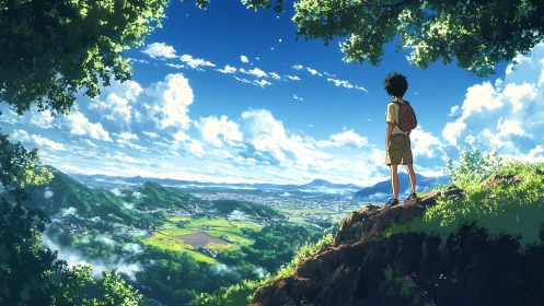 Boy overlooking sunlit valley from forest cliff edge.