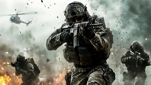 Tactical infantry squad advances under rotary-wing close air support