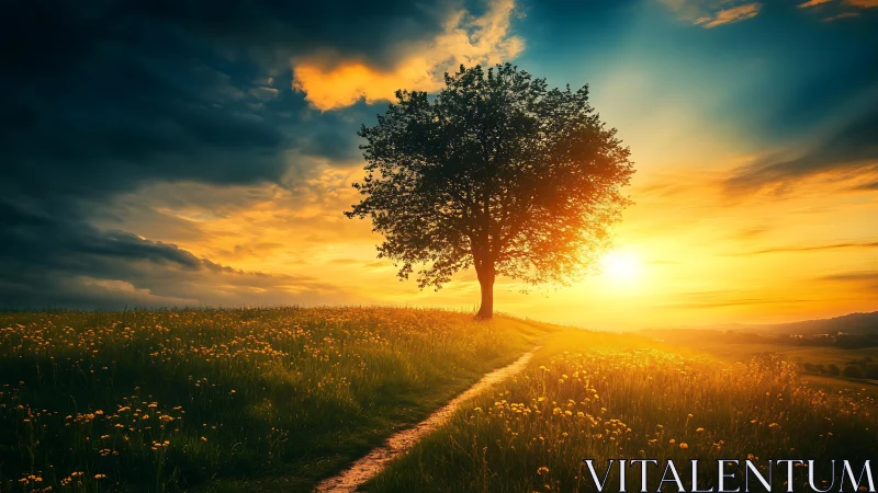 Solitary hilltop tree under high-contrast atmospheric sunset.