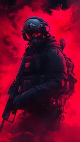 Cybernetic tactical operative in crimson vapor field.