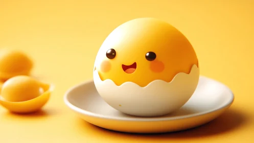 Kawaii yellow egg character in cracked shell on white plate