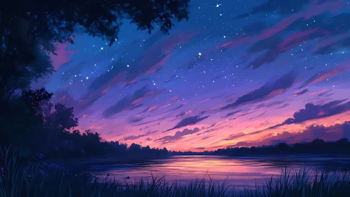 Twilight river dreams under a sky of drifting stars.