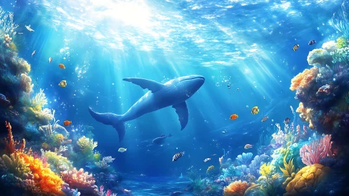 Blue whale gliding above colorful coral reef scene.