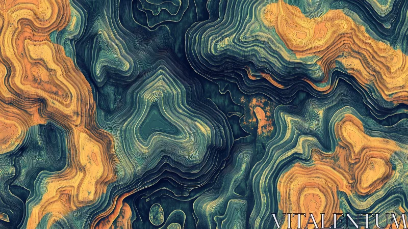 Topographic contour abstraction in teal, gold, and navy fields.