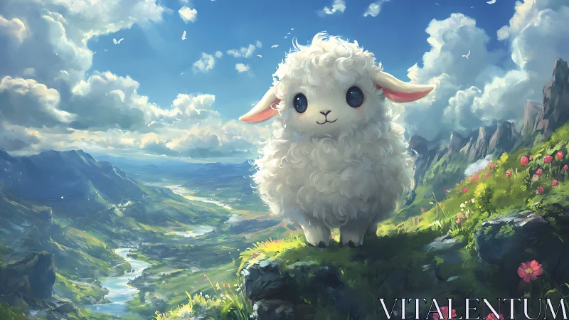 Fluffy lamb overlooking vast fantasy valley under sunlight.