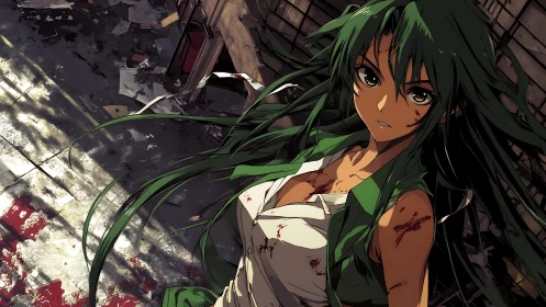 Battle-scarred anime girl in ruined urban alleyway.