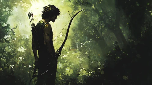 Solitary archer stands poised in luminous forest haze.