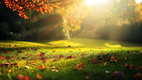 Sunlit autumn lawn with glowing backlit fallen leaves.