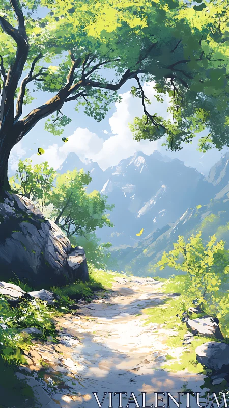 Mountain Stream Through Ancient Trees and Valley