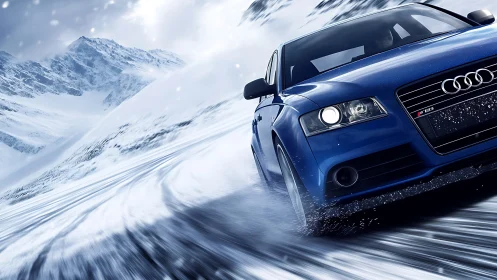 Blue performance sedan powers through dynamic alpine snow drift