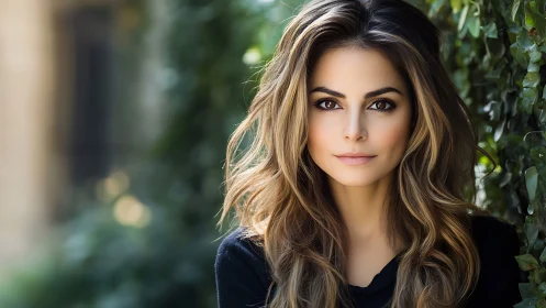 Portrait of woman outdoors with foliage background.