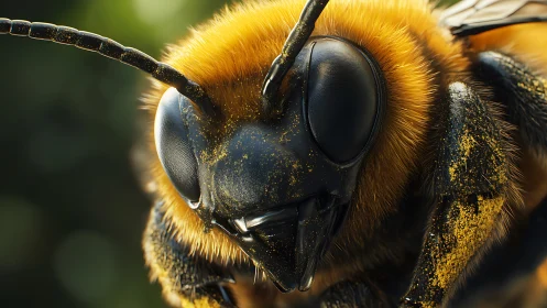 Macro shot shows detailed honey bee face with pollen dusted hairs