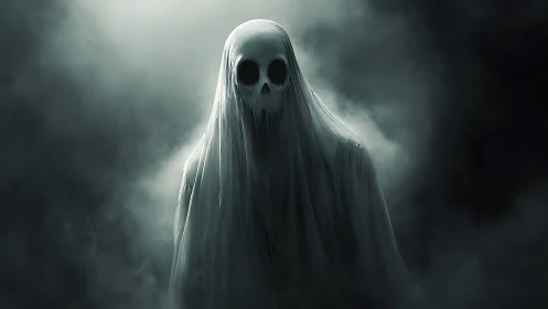 Haunting ghostly figure drifting through swirling shadows.