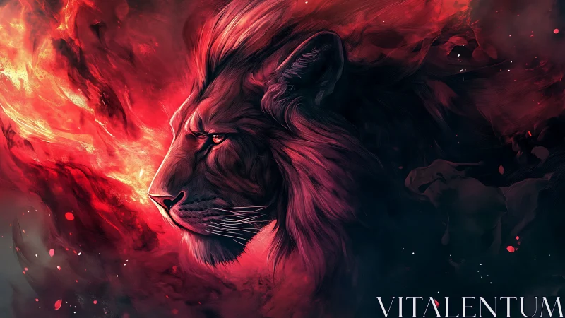 Fiery lion profile emerges from abstract crimson nebula