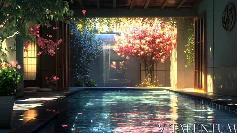Sunlit zen pool cradled by blooming sakura sanctuary.