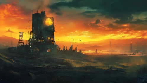 Post apocalyptic industrial tower under burning sunset sky.