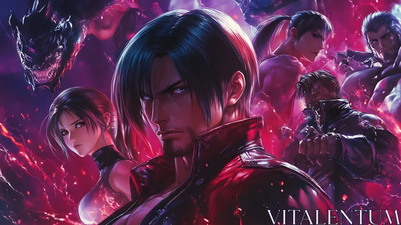 Fierce neon warriors gathered in a storm of crimson light.