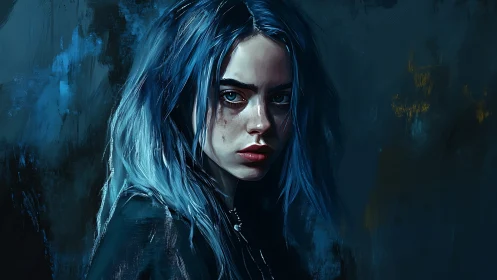 Storm-eyed girl in midnight blues, painted with quiet fury.