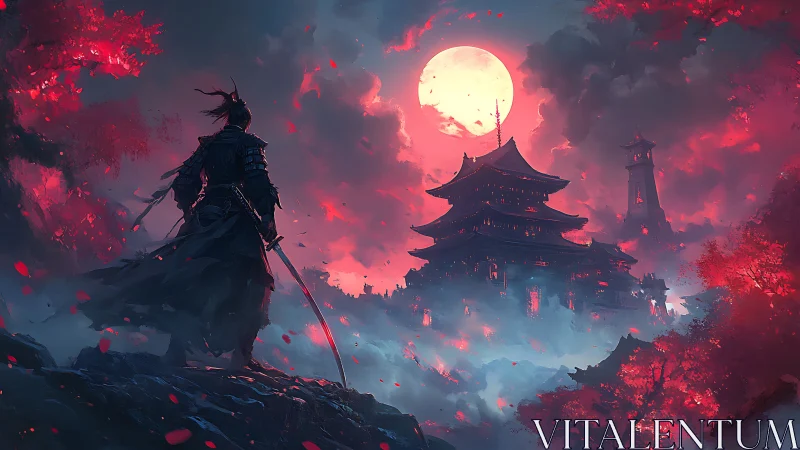 Lone samurai faces burning temple beneath blood moon