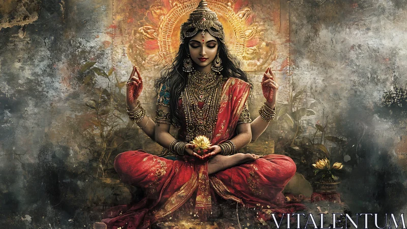 Multi-armed female deity figure in red ceremonial attire.