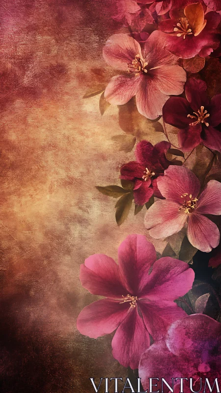 Layered floral composition with textured background.