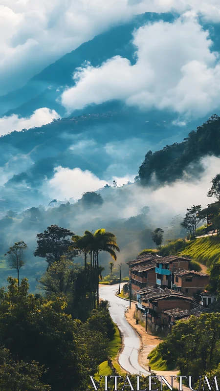 Mist-kissed mountain village and winding jungle road.