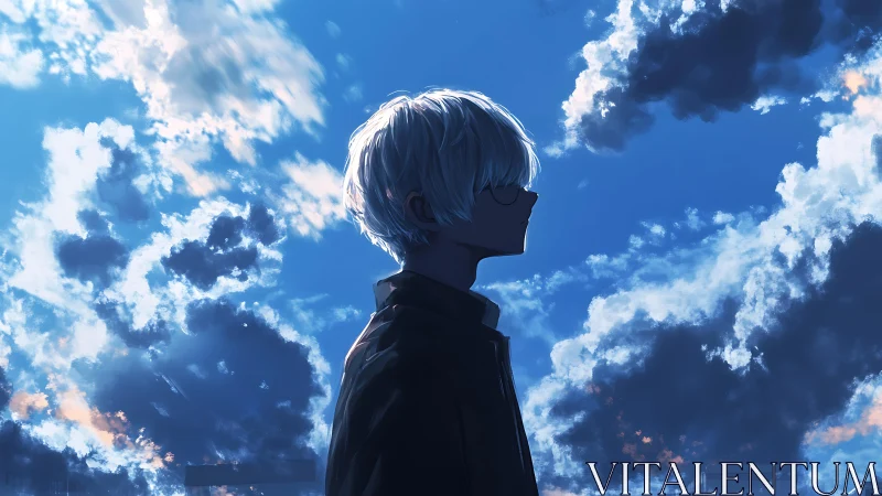 Backlit anime profile silhouette under cumuliform evening sky
