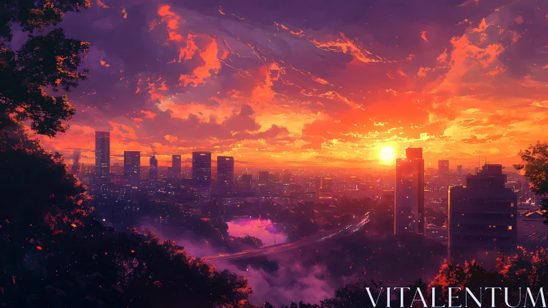 Urban skyline and roadway under dense orange sunset sky.