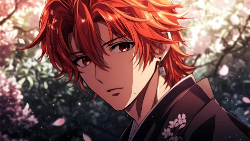 Red haired anime youth under glowing bokeh blossoms at dusk.
