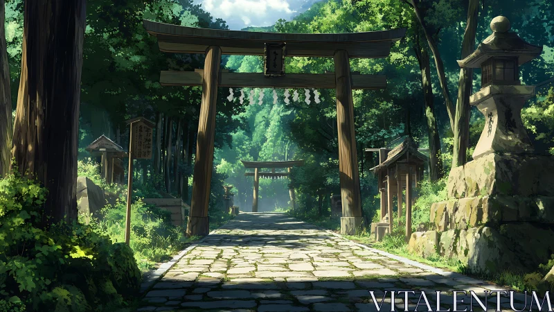 Sunlit shrine pathway framed by wooden torii gates in forest.