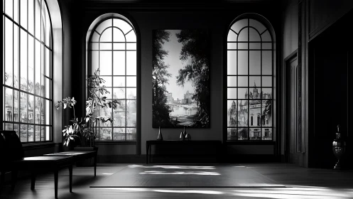 Monochrome interior shows arched windows and central landscape artwork