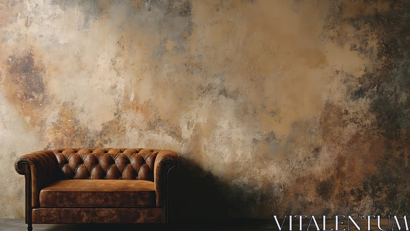 Tufted leather sofa set against textured patinated plaster wall