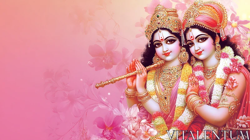 Radiant divine duo in shimmering pink floral dreamscape.