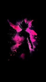 Neon pink ink-splatter silhouette of spiky-haired fighter figure