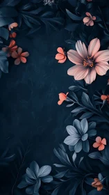 Deep Navy Floral Composition: Coral-Pink Petals with Indigo Foliage.