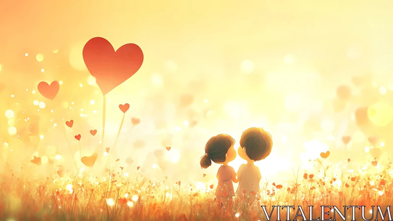 Two figures in field with heart-shaped flowers under warm light