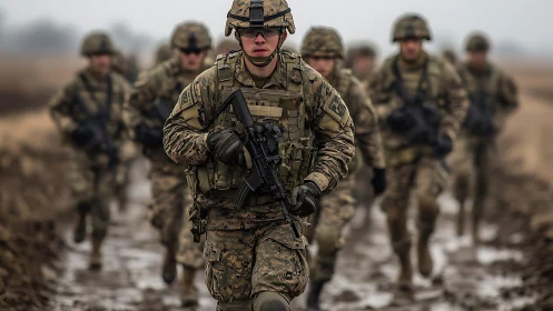 Soldiers in camouflage advance along muddy rural training route