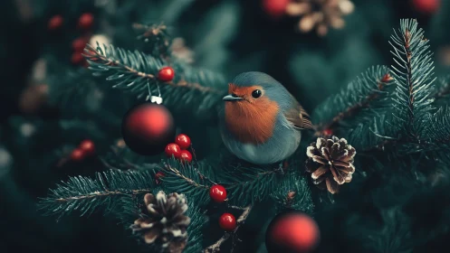 Festive robin resting among cozy Christmas tree branches.