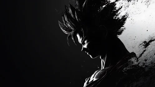 Silhouetted spiky haired anime figure in monochrome profile.