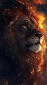 Majestic lion portrait glows against embers and cosmic dusk