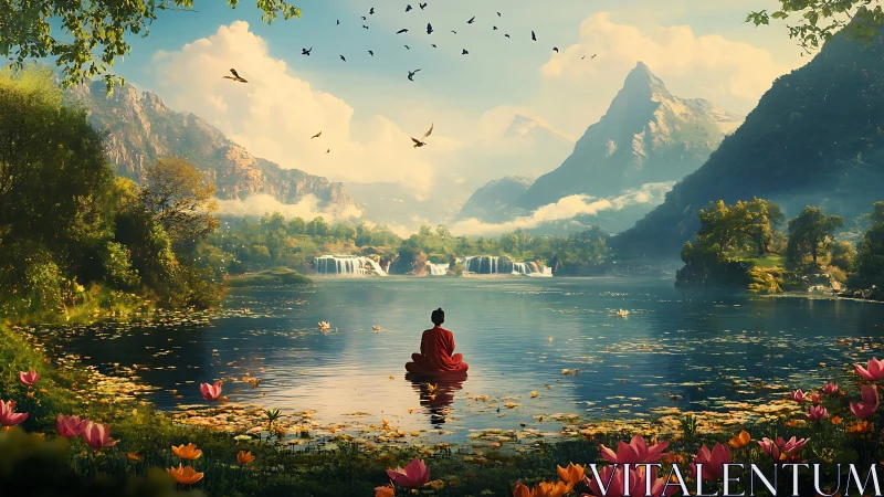 Monk meditates on tranquil mountain lake amid waterfalls