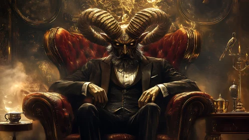 Demonic gentleman enthroned in baroque, ember-lit interior