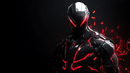 Humanoid armored figure with red illuminated suit details.