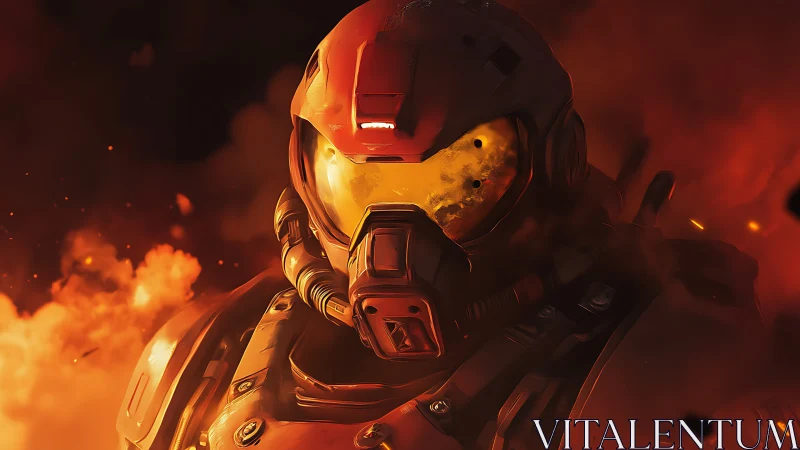 Armored sci fi soldier stands amid dense orange fire haze