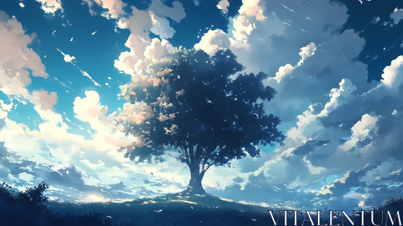 Majestic tree under dreamy sky in vibrant anime art style.