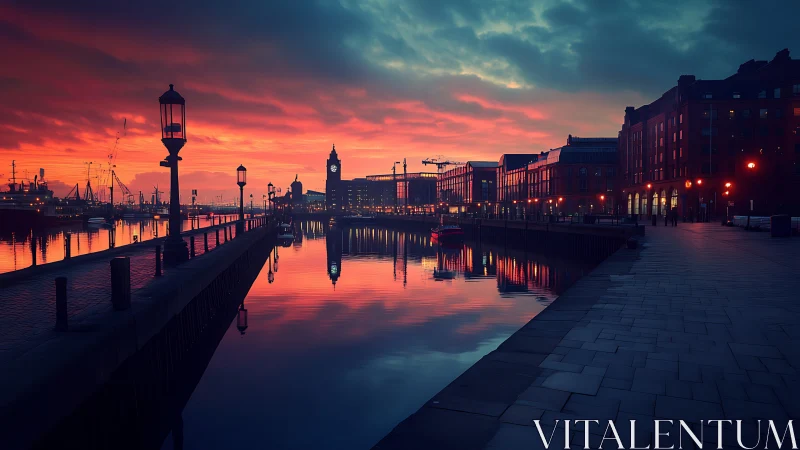 Harbor promenade glowing under a slow-burning sunset sky.